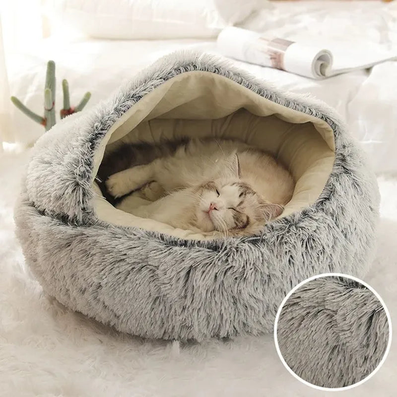 Warm Long Plush Pet Bed Enclosed round Cat Cushion Comfortable Sleep Bag Cat Nest Kennel for Small Pet