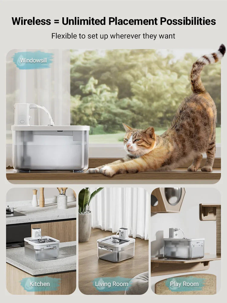 4000Mah 2.5L Wireless Pet Drinker Automatic Stainless Steel Cat Water Fountain [White-WFP6]