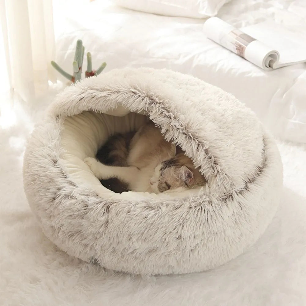 Warm Long Plush Pet Bed Enclosed round Cat Cushion Comfortable Sleep Bag Cat Nest Kennel for Small Pet