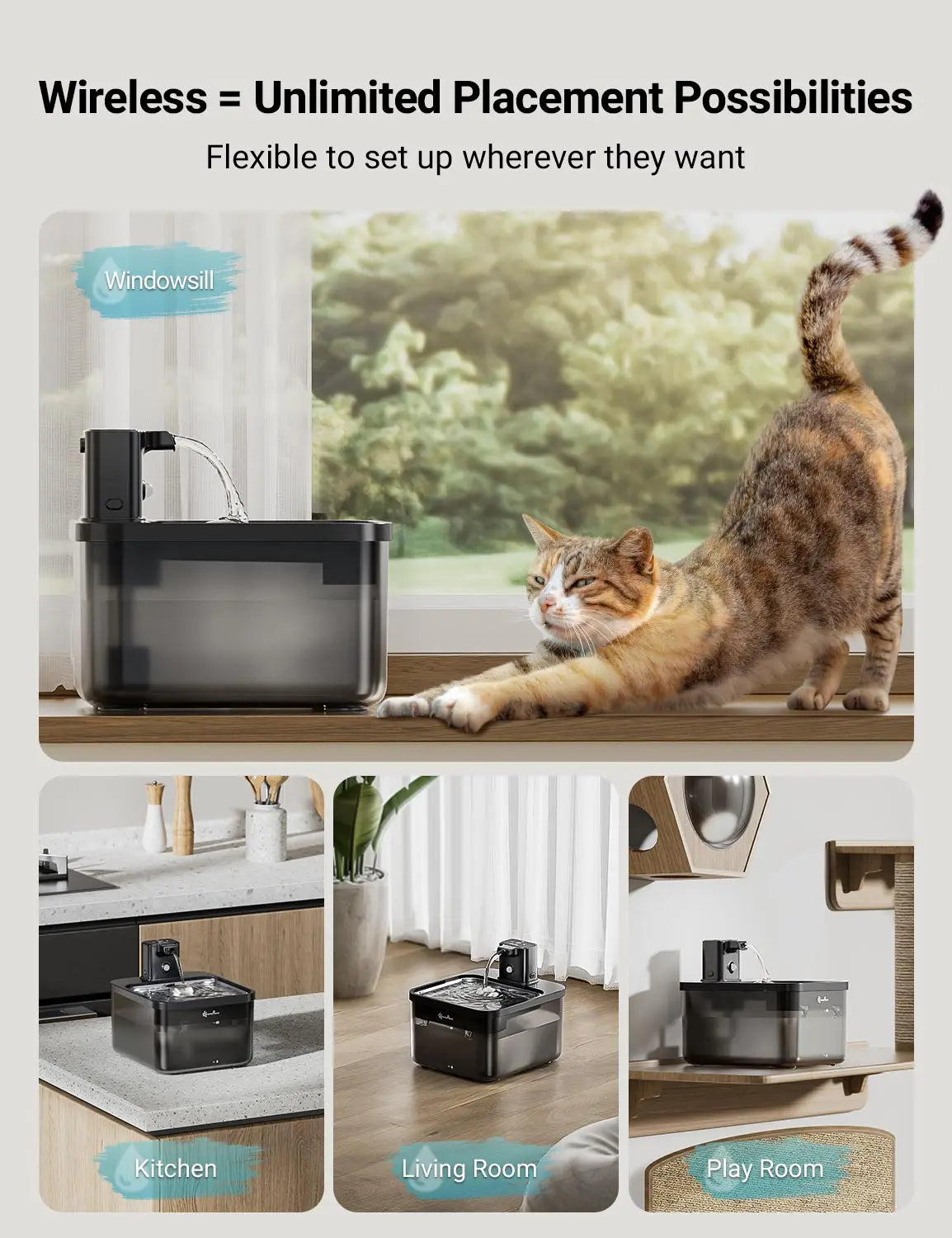 2.5L Wireless Pet Drinker Automatic Stainless Steel Cat Water Fountain [Black WFP6]